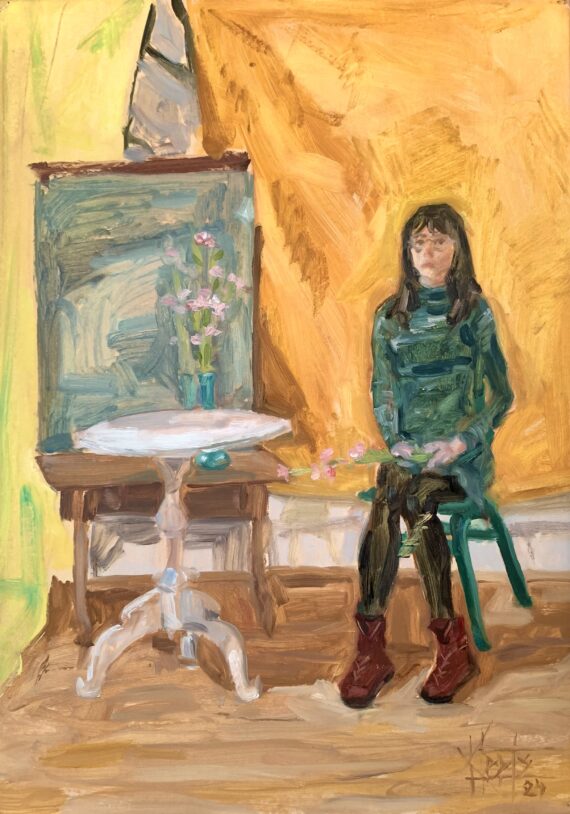 "Eugenie roosade nelkidega", õli krunditud papil, 70 x 50 cm - Image 2