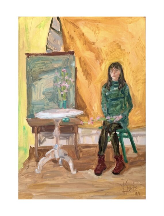 "Eugenie roosade nelkidega", õli krunditud papil, 70 x 50 cm